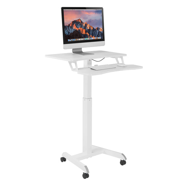 ProperAV Two Tier Mobile Desk Trolley Workstation with Gas Spring Height Adjustment White