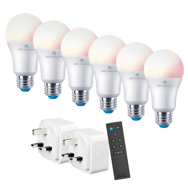 4lite WiZ Connected Smart Lighting Kit including 6x E27 Large Screw Bulbs, 1x Remote Control & 2x 3-Pin UK Plugs