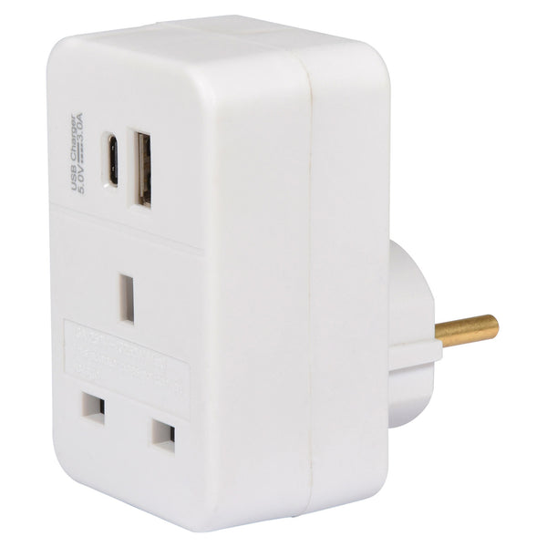 Maplin UK to European Travel Adapter Plug with USB-A and USB-C - White