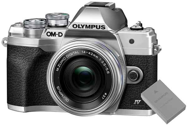 Olympus OM-D E-M10 MK IV Mirrorless Camera with 14-42mm EZ Lens & FREE SPARE BLS-50 BATTERY - Silver