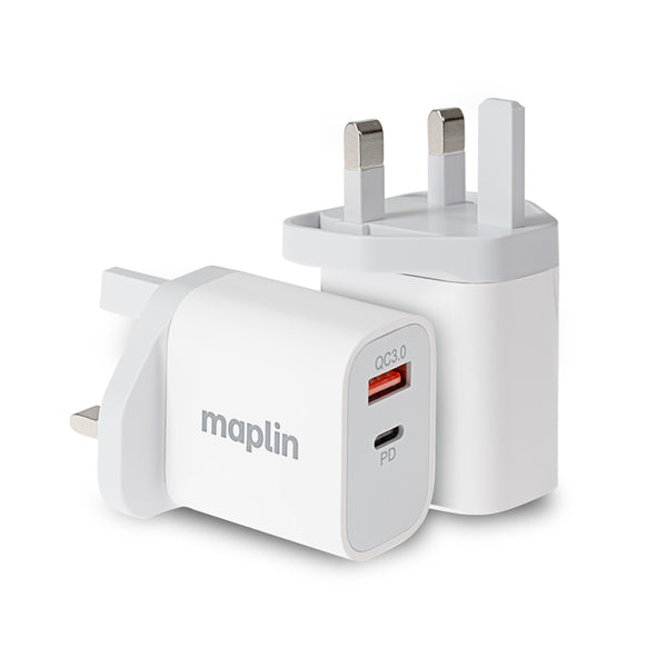 Maplin 2 Port USB Wall Charger 1x USB-A 1x USB-C PD QC 3.0 35W High Speed Charging