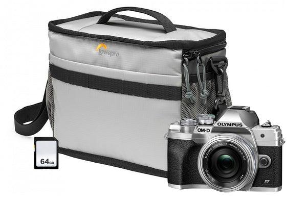 Olympus OM-D E-M10 MK IV Mirrorless Camera with 14-42 mm f/3.5-5.6 EZ Pancake Lens, 64GB SD Card & Bag - Silver