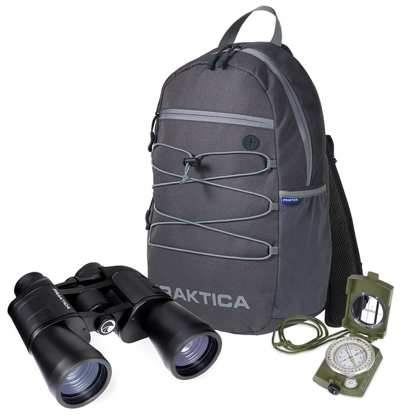 PRAKTICA Falcon 12x50mm Porro Prism Field Binocular Black + Compass & Backpack