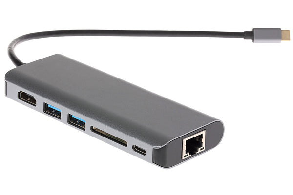 Nikkai USB-C Multiport Hub 2x USB-A 3.0 / HDMI 4K / Gigabit RJ45 / USB-C PD / SD Card Reader