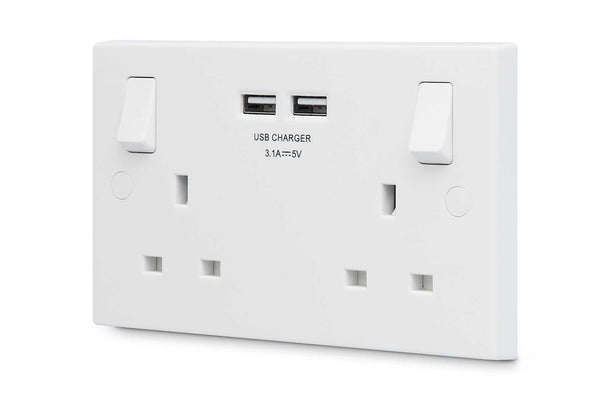 British General Square Edge 13A 2 Gang Switched Socket with 2x USB-A 3.1A - White