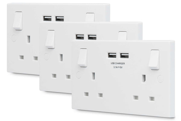 British General 13A 2 Gang Switched Socket with 2x USB-A 3.1A - White. Pack of 3