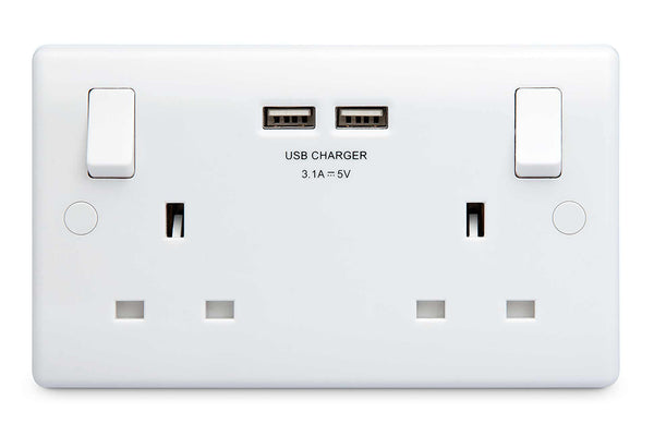 BG 2 Gang Switched Socket Round Edge 13A with 2x USB-A 3.1A - White