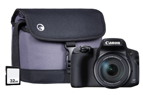 Canon PowerShot SX70 HS 20.3MP 65x Zoom Bridge Camera, Sandisk 32GB SD Card & Case - Black