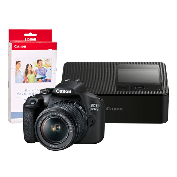 Canon EOS 2000D Camera inc 18-55mm IS II Lens, CP1500 Printer and KP-36IP 36 Shot Ink/Paper - Black