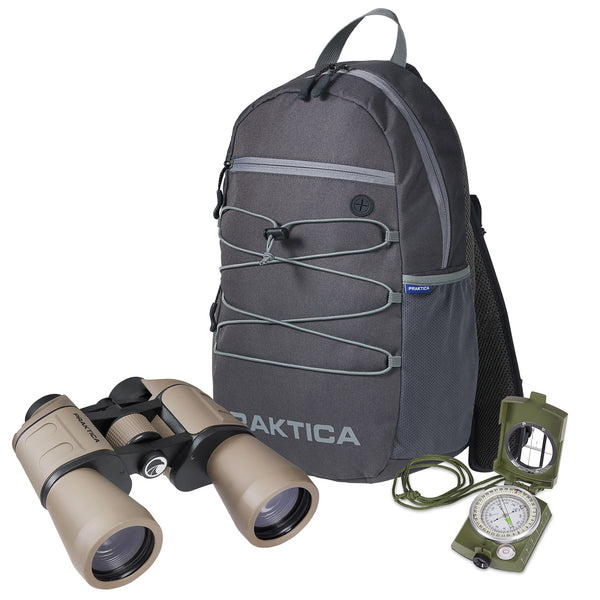 PRAKTICA Falcon 12x50mm Porro Prism Field Binocular Sand + Compass & Backpack
