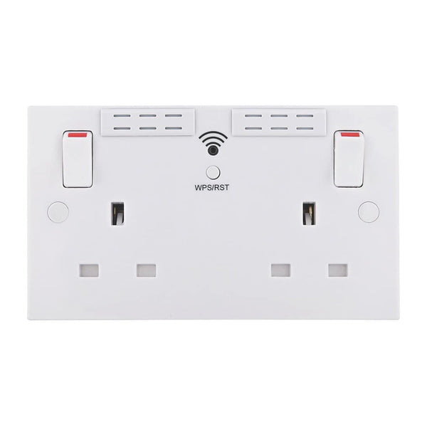 British General Square Edge 13A 2 Gang Switched Socket with Wi-Fi Extender - White