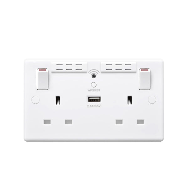 British General 13A 2 Gang Switched Socket with Wi-Fi Extender + 1x USB-A 2.1A Round Edge White