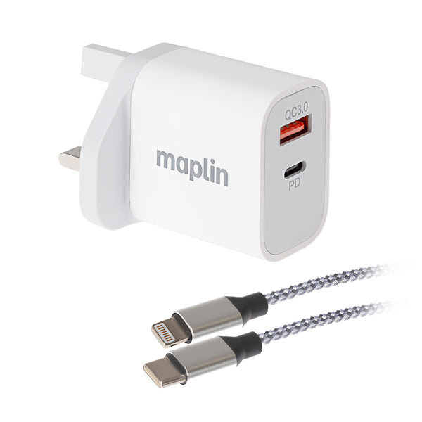 Maplin Lightning Connector to USB-C Cable Braided, 1m Silver Plus 2 Port USB Wall Charger
