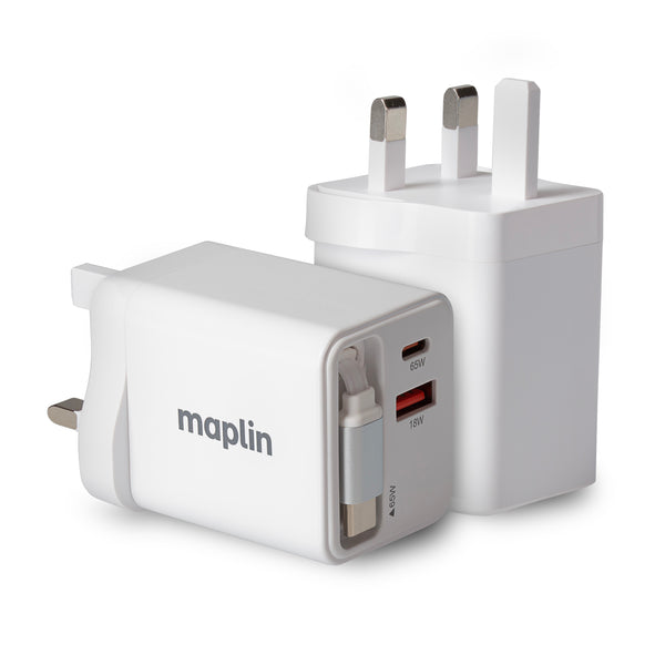 Maplin USB Wall Charger 65W 2 Port 1x USB-A 1x USB-C + Built-in Retractable USB-C Cable