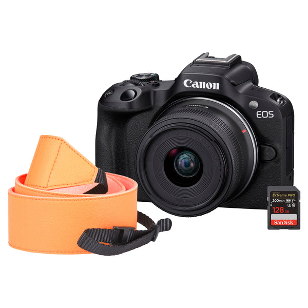 Canon EOS R50 Camera Kit inc RF-S 18-45mm Lens, Sandisk 128GB SD Card & Neck Strap - Black