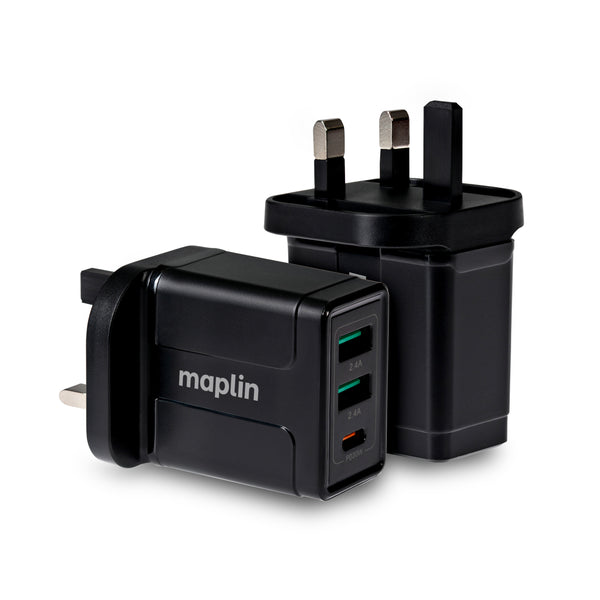 Maplin 3 Port USB Wall Charger 1x USB-C/ 2x USB-A PD QC 3.0 32W High Speed Charging
