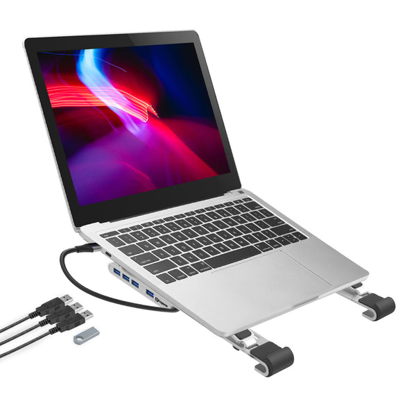 ProperAV Laptop or Tablet Stand Portable with Built in 100W USB-C Hub 4 x USB-A Port Aluminium Construction Silver