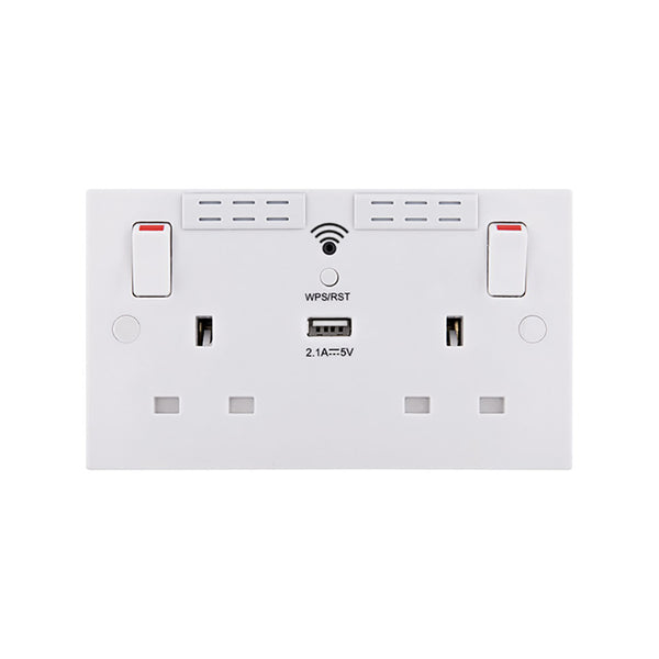 BG 2 Gang Switched Socket Square Edge 13A with Wi-Fi Extender + 1x USB-A 2.1A - White