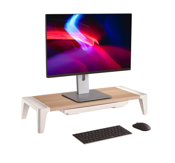 ProperAV Monitor Riser Stand with Height Adjustment and Drawer - Wood Effect