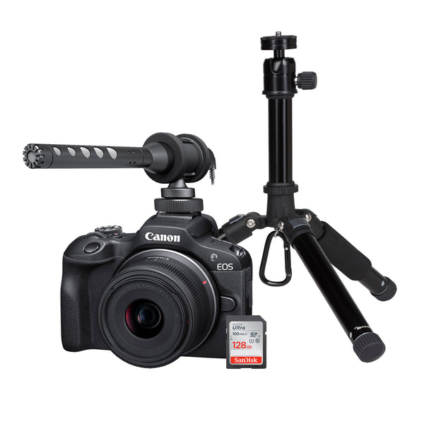 Canon EOS R100 Camera inc RF-S 18-45mm Lens, Shotgun Mic, Desktop Tripod & 128GB
