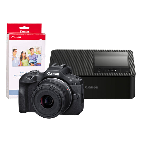 Canon EOS R100 Camera inc RF-S 18-45mm Lens, CP1500 Printer and KP-36IP 36 Shot Ink/Paper - Black