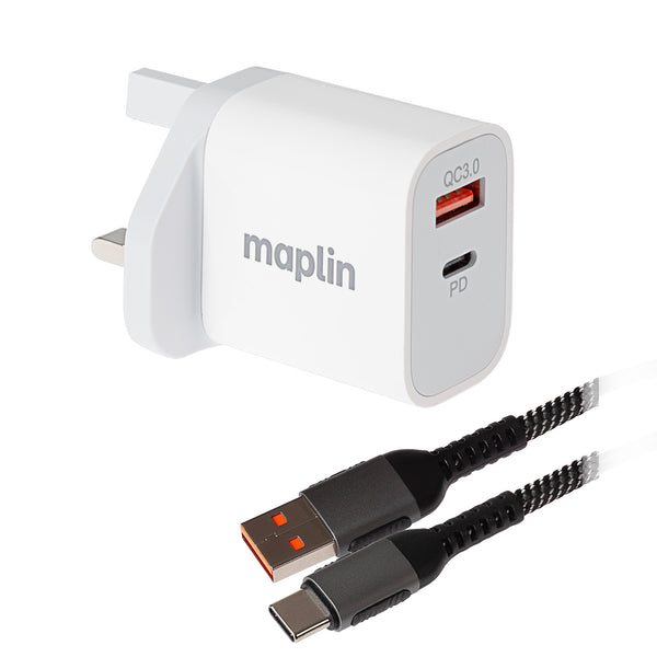 Maplin USB Wall Charger 35W 2 Port + USB-A to USB-C Braided Cable - 1m