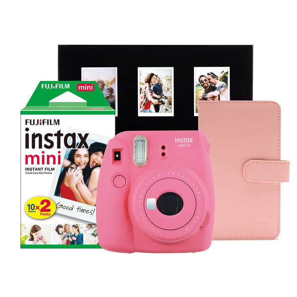 Fujifilm Instax Mini 9 Instant Camera with 20 Shot Film Pack, Photo Album Holds 108 Prints, Triple Glass Photo Frame - Flamingo Pink