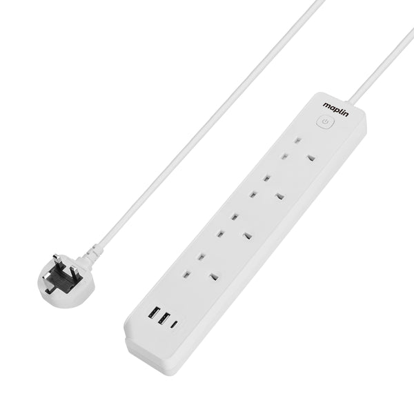 Maplin 4 Socket Extension Lead with 2x USB-A/ 1x USB-C Ports Surge Protection 3250W 1.8m