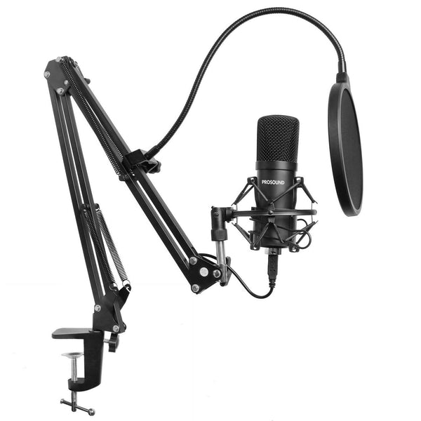 PROSOUND USB Condenser Cardioid Microphone with Boom Arm Kit inc Pop Filter