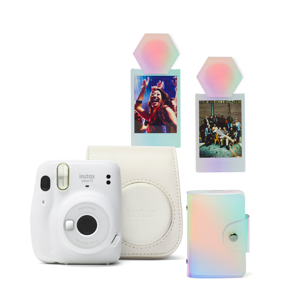 Fujifilm Instax Mini 11 Instant Camera Kit inc Case, 10 shot Macaron Film, Iridescent Album & Magnets - Ice White