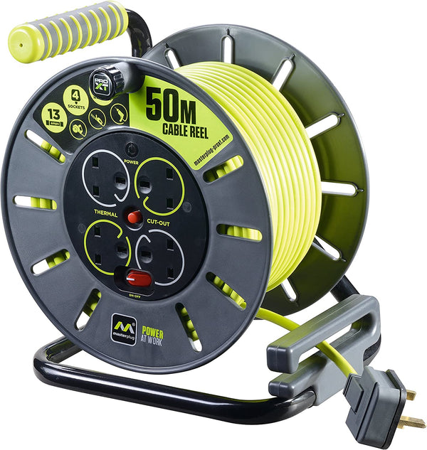 Masterplug 4 Socket Extension Lead 13A Heavy Duty Steel Frame Cable Reel 50m