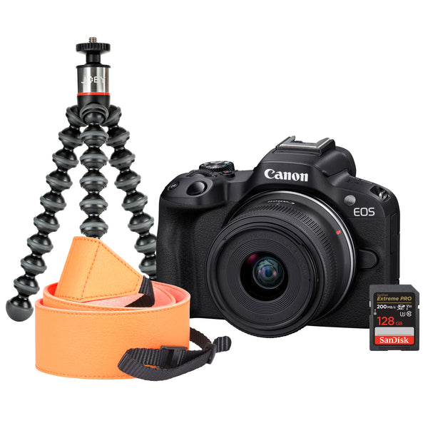 Canon EOS R50 Camera Kit inc RF-S 18-45mm Lens, Sandisk 128GB SD Card, Neck Strap & Joby Gorillapod 500 - Black