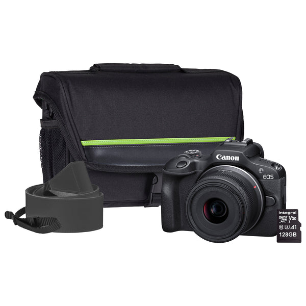 Canon EOS R100 APS-C Mirrorless Camera Kit inc RF-S 18-45mm Lens, 128GB SD Card, Neck Strap and Case - Black