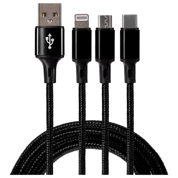 Maplin 3-in-1 USB-A to USB-C / Lightning / Micro USB Braided Charging Cable - Black, 1.2m