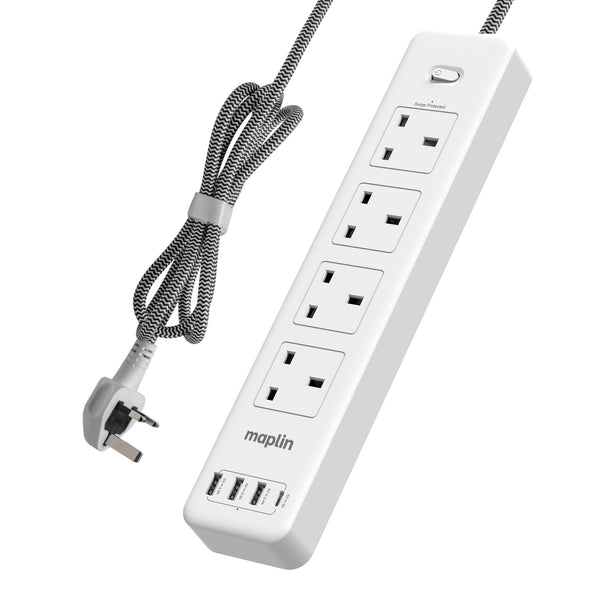 Maplin 4 Socket UK Extension Lead with 3x USB-A / 1x USB-C Ports Power Switch Surge protection 2m