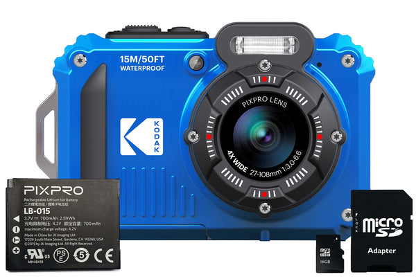 Kodak PIXPRO WPZ2 16MP 4x Zoom Tough Camera Kit inc Additional LB-015 Li-Ion Battery & 16GB MicroSD Card - Blue