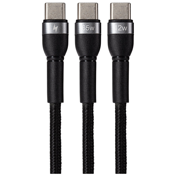 Maplin PRO 2-in-1 USB-C to USB-C 65W and USB-C 12W Braided Charging Cable 3m