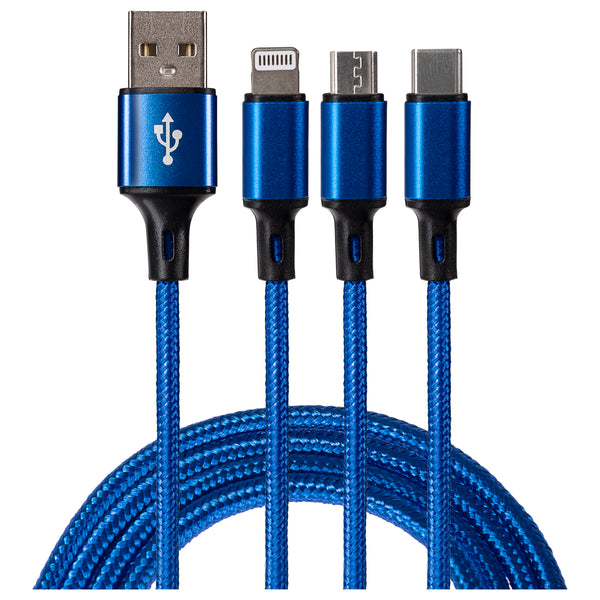 Maplin 3-in-1 USB-A to USB-C / Lightning / Micro USB Braided Charging Cable - Blue, 1.2m