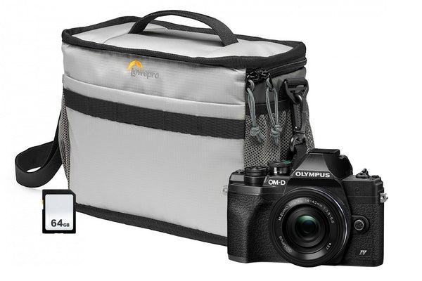 Olympus OM-D E-M10 MK IV Mirrorless Camera with 14-42 mm f/3.5-5.6 EZ Pancake Lens, 64GB SD Card & Bag - Black