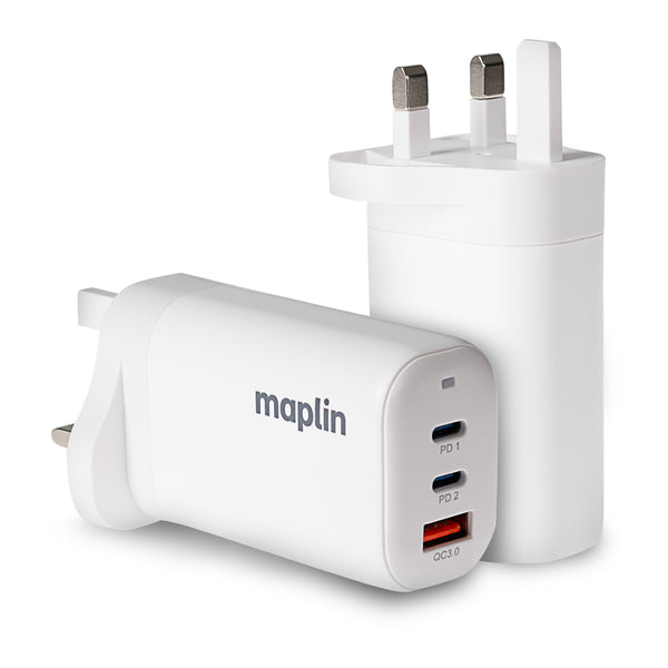 Maplin 3 Port USB Wall Charger 2x USB-C 1x USB-A GaN PD QC 3.0 65W High Speed Charging