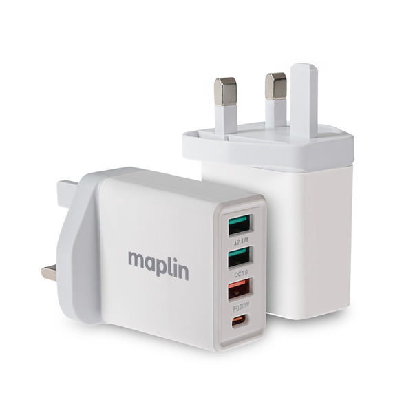 Maplin 4 Port USB Wall Charger 3x USB-A 2 1x USB-C PD QC 3.0 20W High Speed Charging