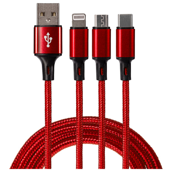 Maplin 3-in-1 USB-A to USB-C / Lightning / Micro USB Braided Charging Cable - Red, 1.2m