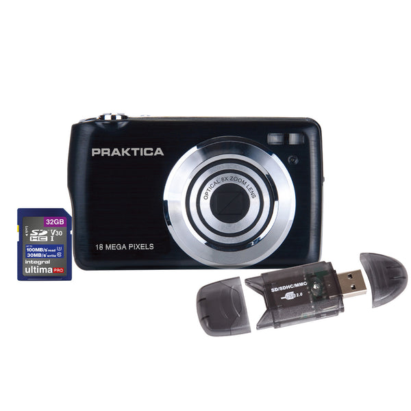 PRAKTICA Compact Digital Camera 18MP 8x Optical Zoom Entry Level with 32GB SD Card & Card Reader