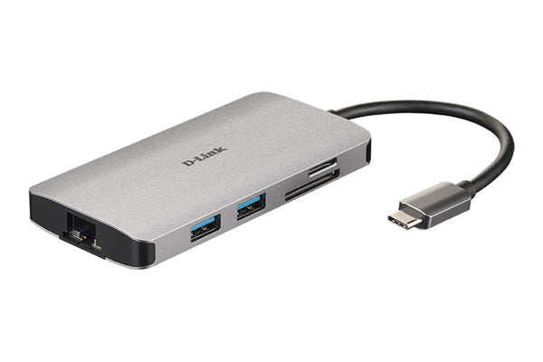 D-Link 8-in-1 USB-C to USB 3.0/USB-C/HDMI/Ethernet/SD Card Reader Hub - Silver