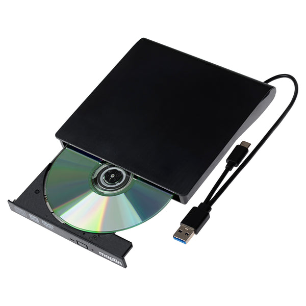 Maplin External  CD  DVD Optical Drive Reader and Writer Burner USB-C and USB-A 3.0 Built in Cables