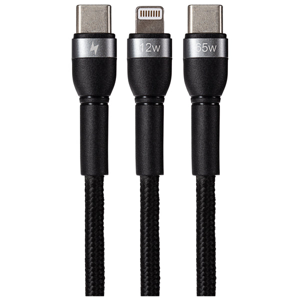 Maplin PRO USB-C to USB-C plus Lightning Connector Dual Cable Braided 65W 1.2m
