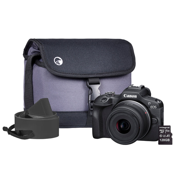 Canon EOS R100 APS-C Mirrorless Camera Kit inc RF-S 18-45mm Lens, 128GB SD Card, Neck Strap and Case - Black