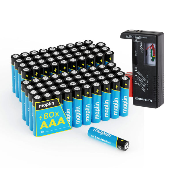 Maplin 80x AAA LR03 7 Years Shelf Life 1.5V High Performance Alkaline Batteries with Universal Battery Tester