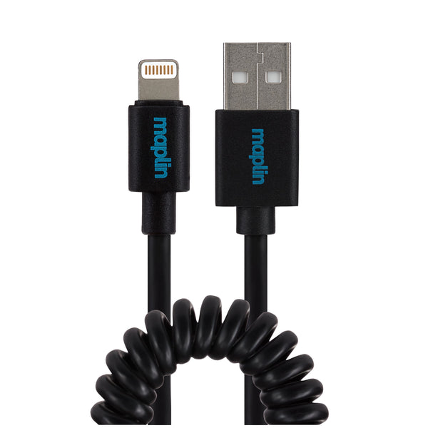 Maplin Lightning Connector to USB-A Coiled Curly Cable - Black, 0.5m
