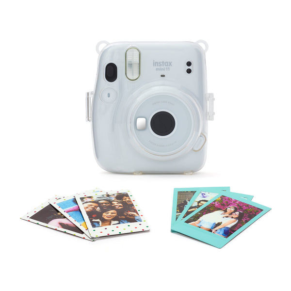 Fujifilm Instax Mini 11 Ice White Camera Kit inc Hard Clear Case, Sky Blue 10 Shot Film & Candypop 10 Shot Film